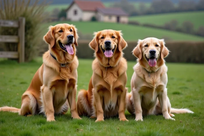 Trois Golden Retrievers dans un pré de Bourgogne-Franche-Comté avec une ferme en pierre en arrière-plan