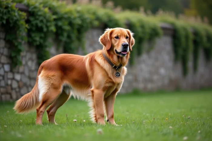 Golden Retriever LOF mâle en position debout devant un mur en pierre typique de Moroges en Saône-et-Loire