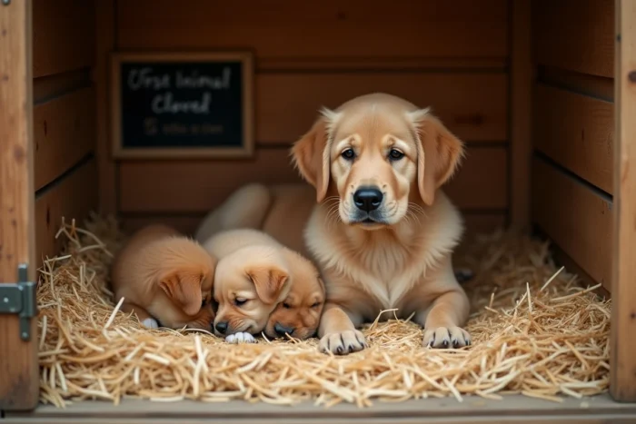Femelle Golden Retriever et ses chiots dans la maternité de l'élevage Instant Animal en Bourgogne-Franche-Comté