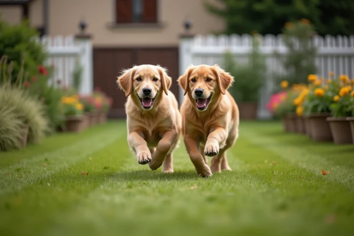 Deux Golden Retrievers de l'élevage Of Darling Dog jouant dans un jardin fleuri en Bourgogne-Franche-Comté