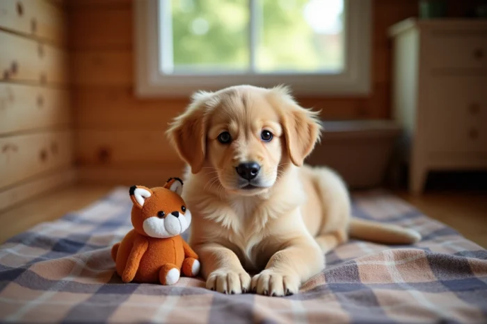 Chiot Golden Retriever de l'élevage Sweety Fox en Bourgogne avec un jouet renard sur un plaid douillet