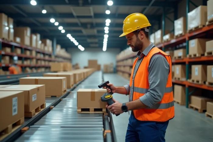 Entrepôt logistique Hub Harnes avec tapis roulants et tri de colis par un agent en gilet orange
