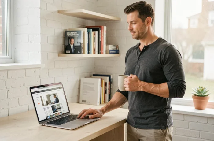 Entrepreneur travaillant depuis son bureau à domicile en consultant les actualités business en ligne