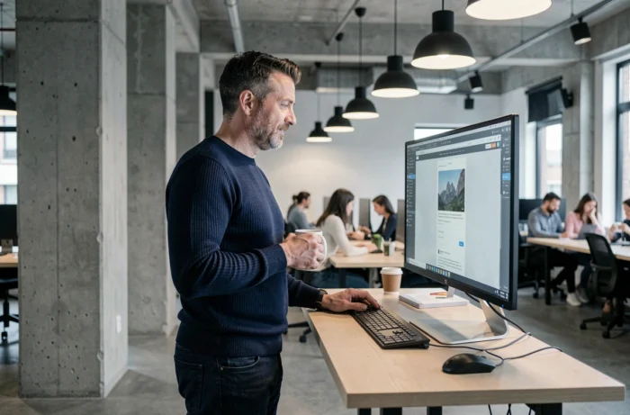 Entrepreneur masculin consultant son blog professionnel sur un grand écran dans un espace de coworking moderne