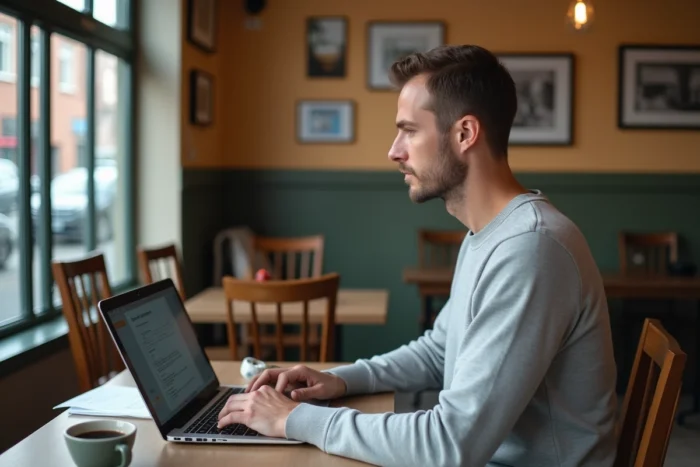 Entrepreneur travaillant seul dans un café sur les démarches de création d'entreprise en ligne
