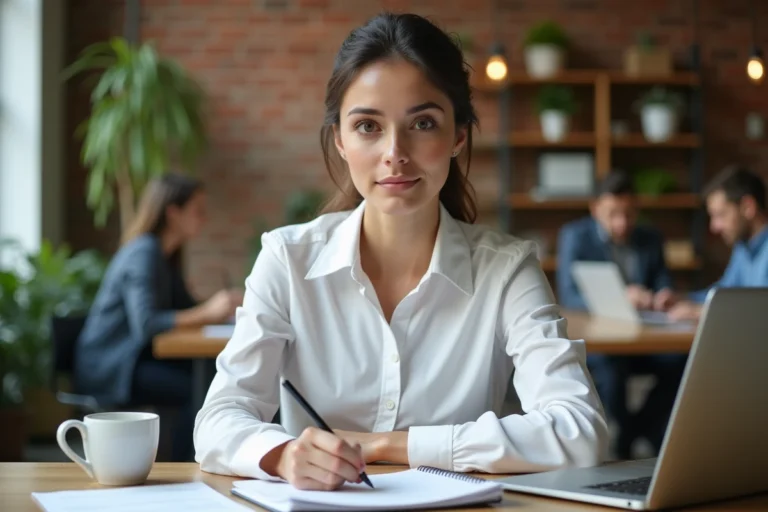 Jeune femme entrepreneure rédigeant un plan d'affaires dans un espace de coworking moderne