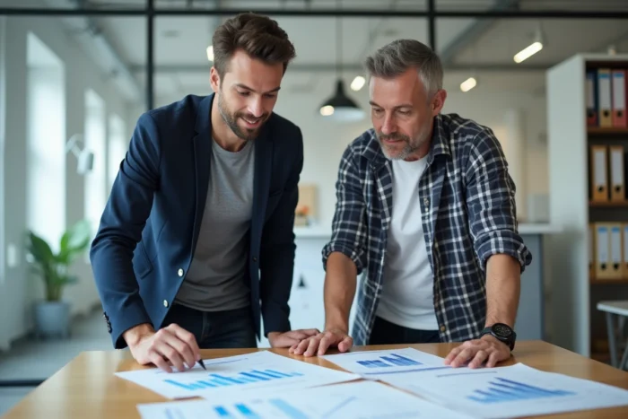 Deux entrepreneurs en train d'analyser des documents administratifs pour la création de leur entreprise