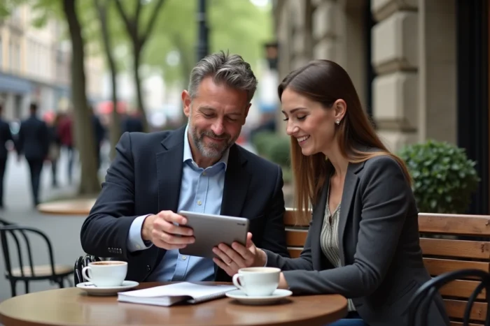 Deux entrepreneurs en réunion informelle en terrasse de café, consultant une tablette numérique et prenant des notes