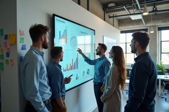 Équipe B2B analysant des données de croissance digitale sur un écran interactif dans un bureau moderne