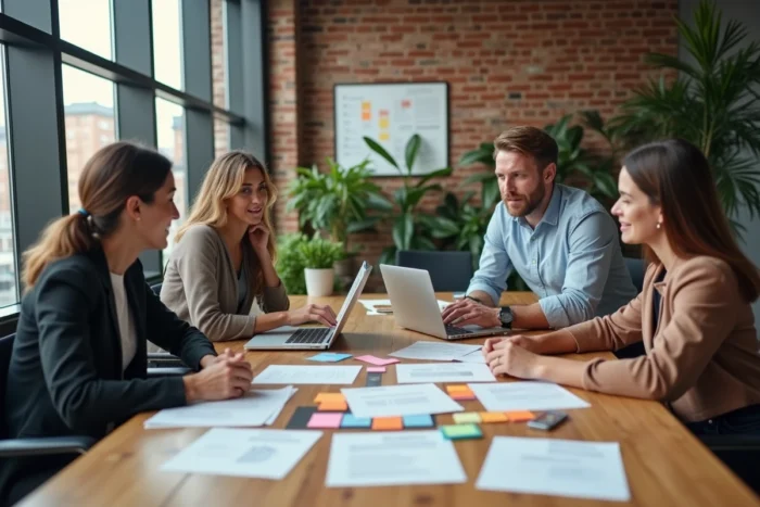 Équipe de quatre professionnels collaborant autour d'une table de réunion avec documents et ordinateurs portables dans un bureau moderne