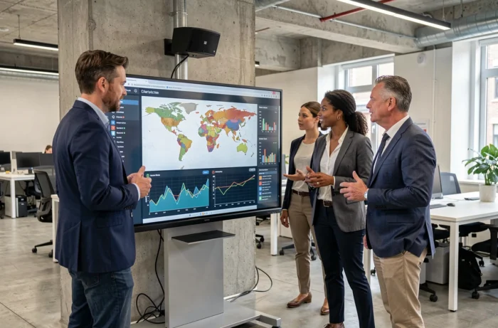 Équipe de professionnels discutant des tendances économiques mondiales sur un écran interactif dans un espace de coworking