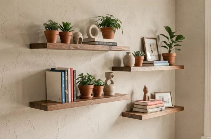 Mur de salon orné d'étagères murales asymétriques en bois, disposées en quinconce et décorées de plantes, céramiques et livres.