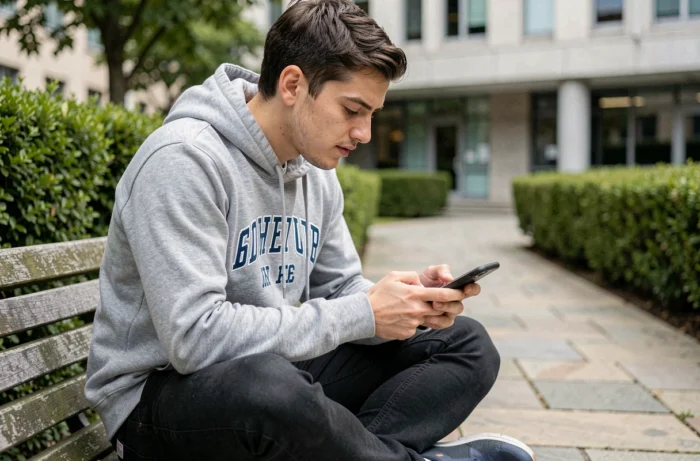 Étudiant configurant sa messagerie académique Montpellier sur smartphone dans une cour de campus universitaire
