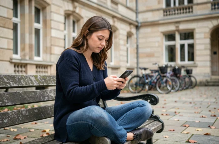 Étudiante consultant sa messagerie académique de Versailles sur smartphone dans une cour d'université