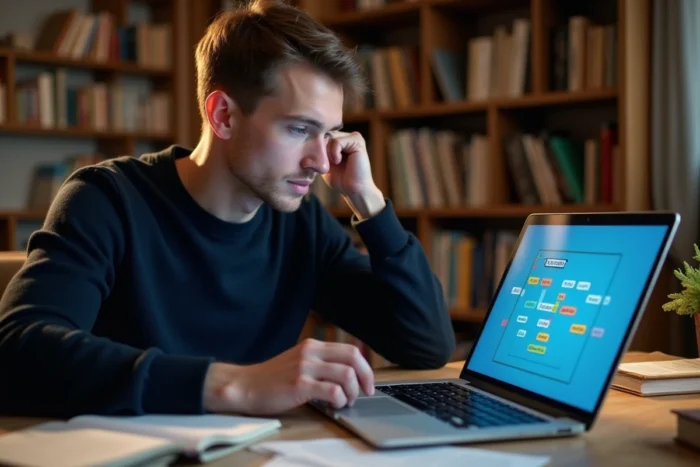 Jeune homme concentré jouant à Cemantix sur un ordinateur portable entouré de notes de vocabulaire et de dictionnaires
