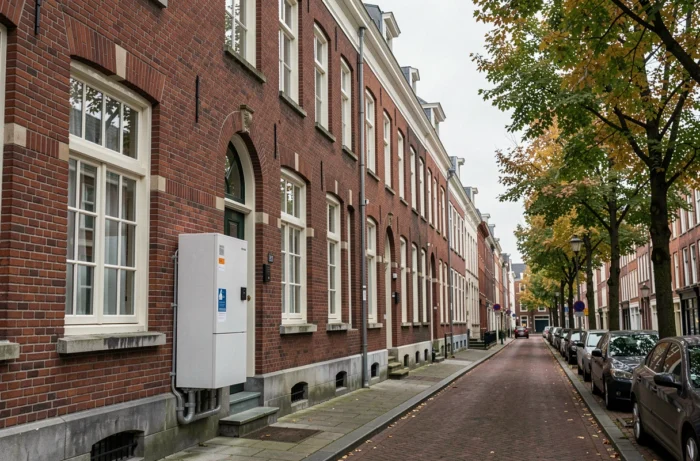 Façade d'une maison bruxelloise avec une pompe à chaleur air-eau installée en remplacement d'une chaudière au mazout