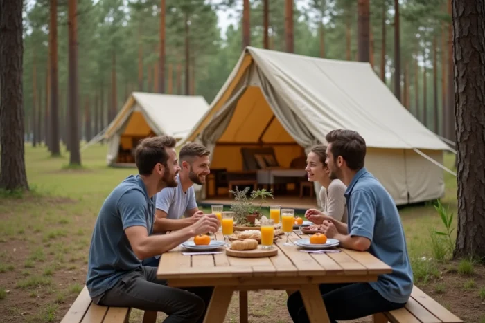 Famille en vacances autour d'une table de pique-nique devant un glamping en forêt de pins à Montalivet