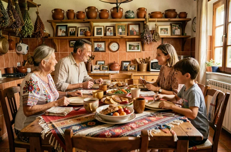Famille multigénérationnelle réunie autour d'un repas traditionnel mêlant cultures et origines diverses