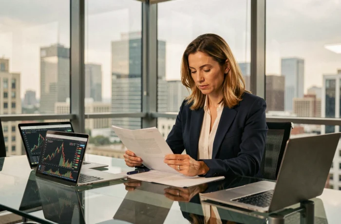 Femme d'affaires analysant des rapports économiques et des graphiques boursiers dans un bureau moderne en 2024