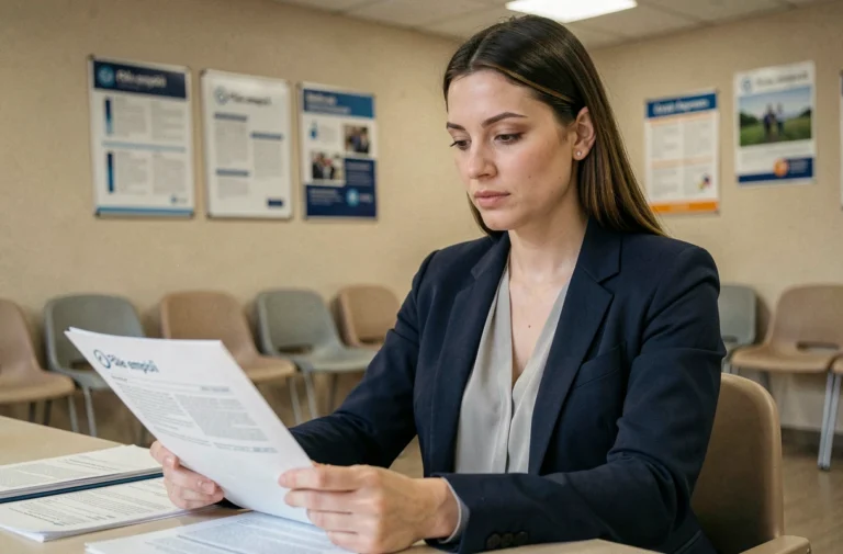 Femme consultant des documents dans une agence Pôle emploi, illustrant les démarches administratives pour les demandeurs d'emploi