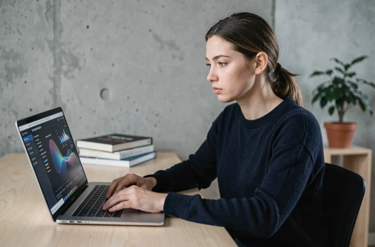 Femme analysant une plateforme numérique énigmatique sur un ordinateur portable dans un bureau moderne
