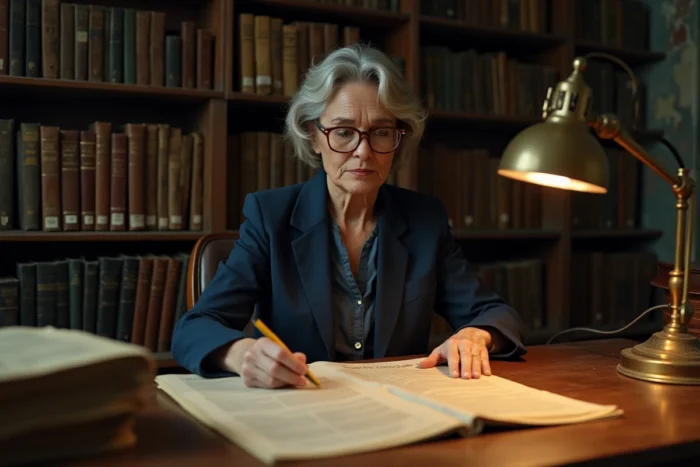 Une femme mature examine des documents d'archives dans une salle ancienne, évoquant l'enquête sur l'affaire Ruth Finley