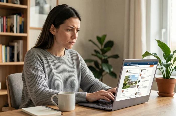 Femme consultant les avis utilisateurs du site 123loger.com sur son ordinateur portable dans un bureau à domicile