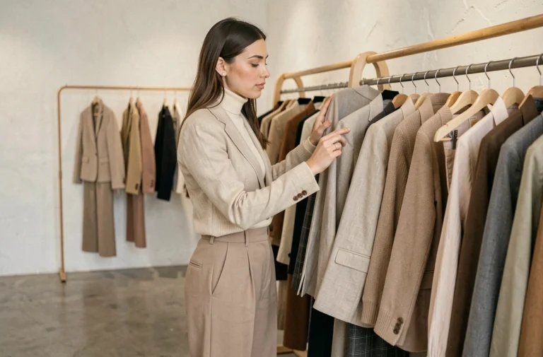 Femme élégante en boutique de mode féminine feuilletant une collection de vêtements contemporains aux tons neutres