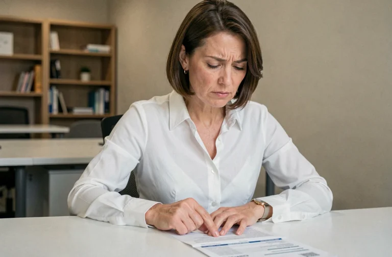 Femme professionnelle examinant un relevé bancaire avec un prélèvement SEPA non reconnu au bureau
