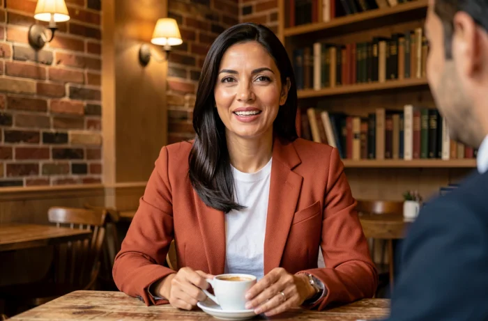Femme charismatique et solaire dans un café parisien, dégageant confiance et personnalité rayonnante