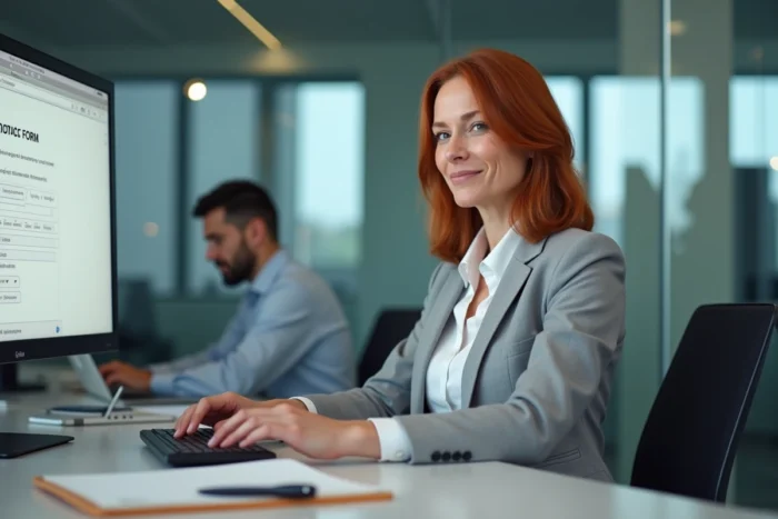 Femme en blazer professionnel consultant la confirmation d'un formulaire de contact sur un écran d'ordinateur de bureau