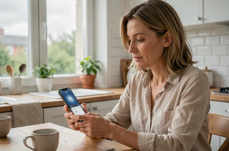 Femme consultant une application météo sur smartphone dans une cuisine française moderne avec ciel nuageux visible par la fenêtre