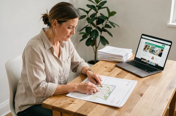 Femme consultant un plan de site imprimé à son bureau à domicile pour naviguer facilement dans les pages d'un site web