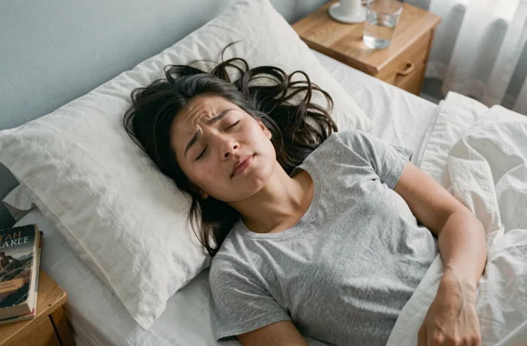 Jeune femme endormie dans un lit blanc aux draps en lin, expression paisible évoquant un rêve, chambre atmosphérique aux tons bleu-gris