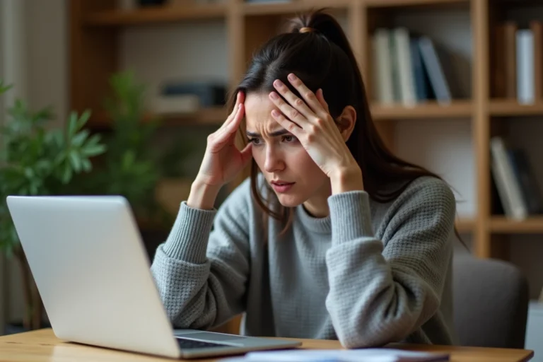 Femme frustrée face à une erreur bancaire sur son ordinateur portable à la maison