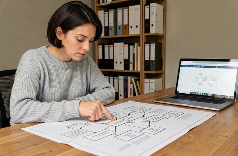Femme étudiant un plan de site web détaillé sur papier à son bureau à domicile