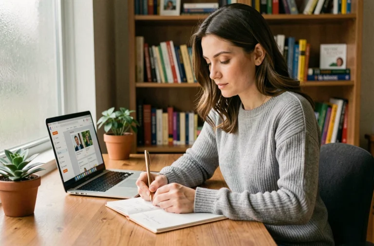 Femme adulte suivant une formation en ligne sur son ordinateur portable dans un bureau à domicile, prenant des notes manuscrites pour booster sa carrière éducative