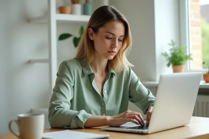 Femme utilisant un formulaire de contact en ligne sur son ordinateur portable dans un bureau à domicile organisé