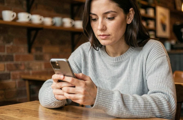 Femme utilisant un iPhone dans un café pour formater du texte dans un SMS