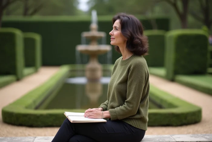 Femme sereine assise dans un jardin à la française avec fontaine en pierre et haies taillées