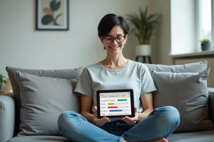 Femme souriante jouant à un jeu de mots sémantique sur tablette installée confortablement dans son salon minimaliste