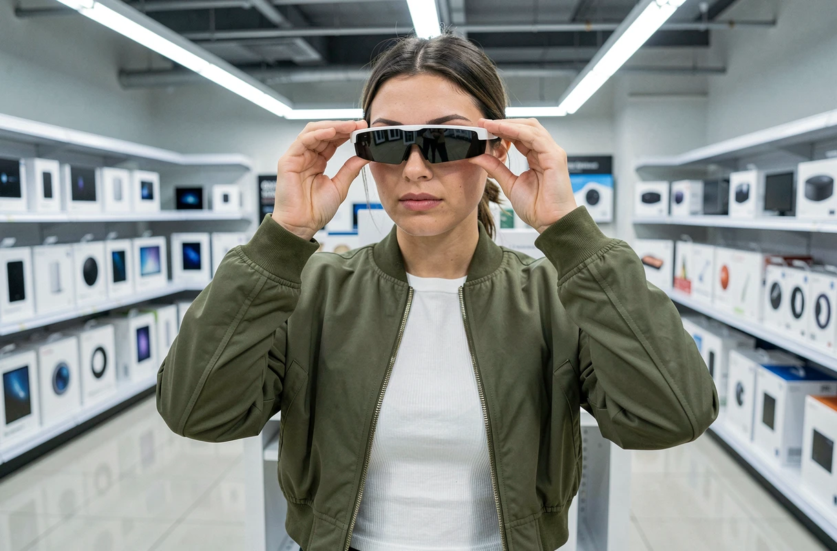 Jeune femme examinant des lunettes de réalité augmentée dans un magasin high-tech moderne en 2024
