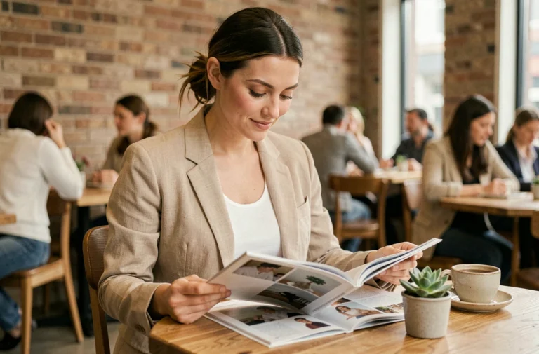 Femme élégante parcourant un magazine lifestyle dans un café moderne, ambiance tendance et décontractée