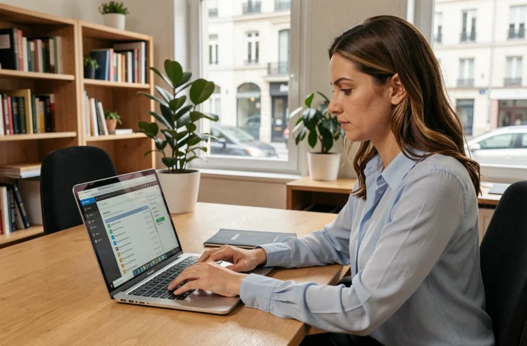 Femme utilisant sa messagerie académique de Versailles sur un ordinateur portable dans un bureau professionnel
