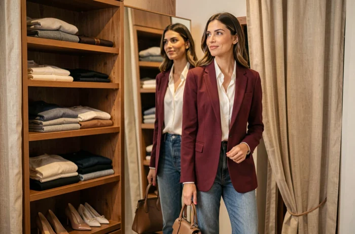 Femme devant un miroir en cabine d'essayage portant un blazer bordeaux et un sac à main structuré, ambiance mode féminine élégante