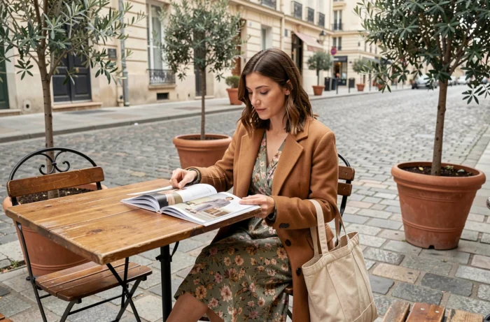 Jeune femme stylée consultant un magazine de mode à la terrasse d'un café parisien en robe fleurie et manteau camel
