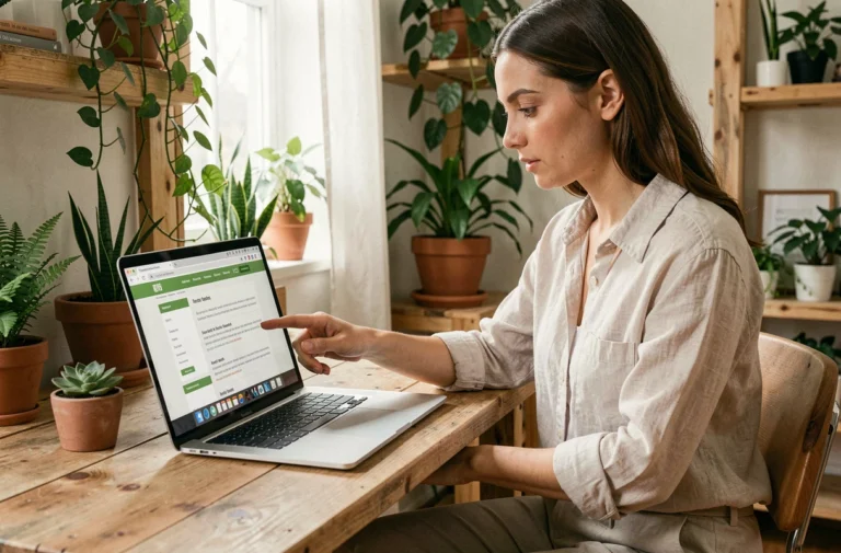 Femme consultant un plan de site écologique sur un ordinateur portable dans un bureau à domicile avec des plantes vertes