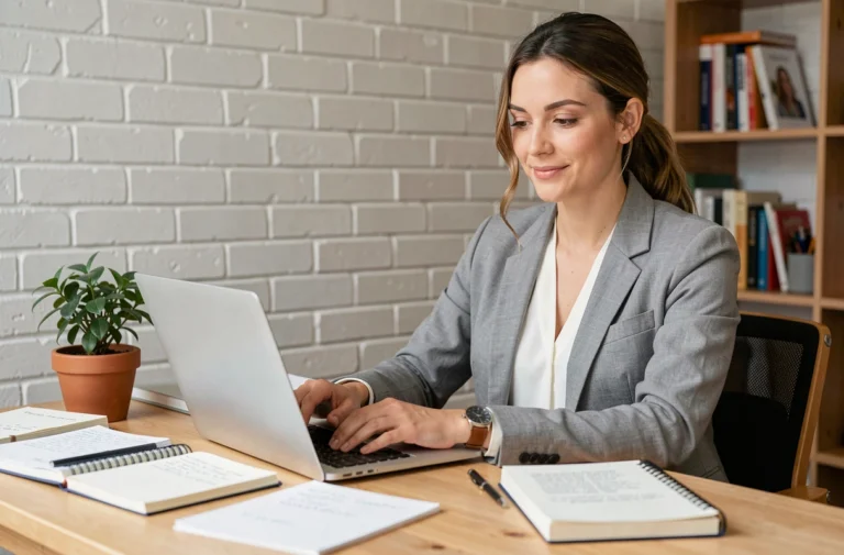 Femme professionnelle travaillant sur son blog depuis un bureau à domicile avec un ordinateur portable