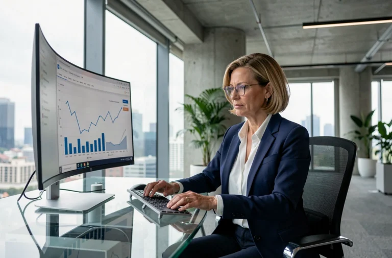 Femme professionnelle analysant des tendances business sur un écran dans un bureau moderne
