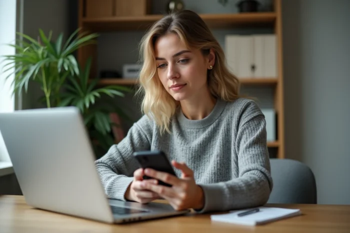 Femme utilisant un annuaire inversé en ligne sur ordinateur portable pour identifier un numéro de téléphone inconnu